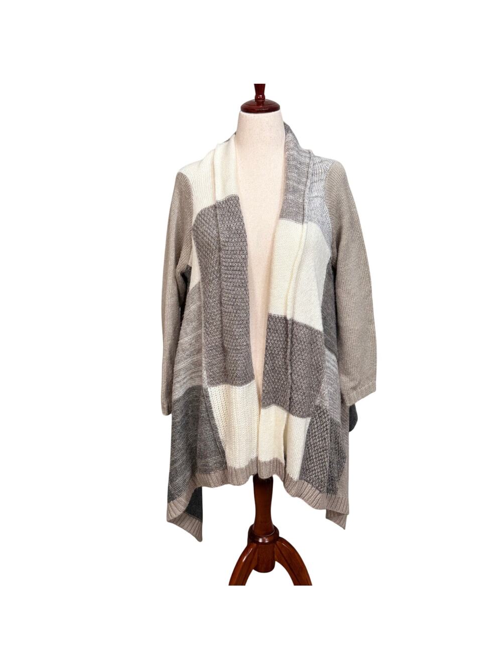 Chico's colorblock cardigan sweater tan cream open drape front relaxed Sz 2 US L